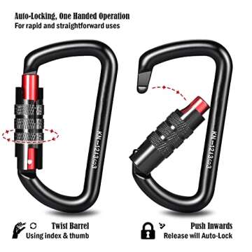 3inch Locking Carabiner Clips-Twist Auto Lock Caribeener, Heavy Duty Keychain Key carabeaner Hooks, 7075 Aerial Aluminum Ultra Light, for Hammock, Hiking, Yoga Swing, Camping, Backpack etc, Black