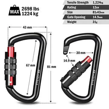 3inch Locking Carabiner Clips-Twist Auto Lock Caribeener, Heavy Duty Keychain Key carabeaner Hooks, 7075 Aerial Aluminum Ultra Light, for Hammock, Hiking, Yoga Swing, Camping, Backpack etc, Black