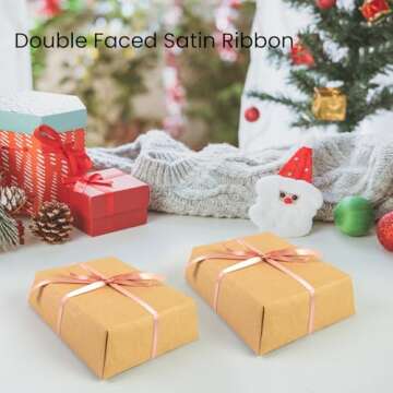 Double Face Rose Gold Satin Ribbon 1/4 inch X 100 Yards, Thin Ribbon Craft Fabric Ribbon Polyester Ribbons for Gift Wrapping, Wedding, Bow Making, Wreath, Holiday Decoration, DIY Sewing (Rose Gold)