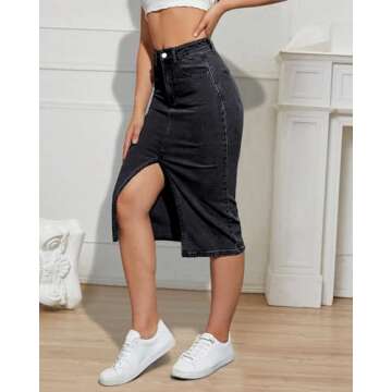Womens Denim Pencil Skirts Mid Long High Waist A line Midi Jean Skirt Split Hem Skirts for Ladies Black S.