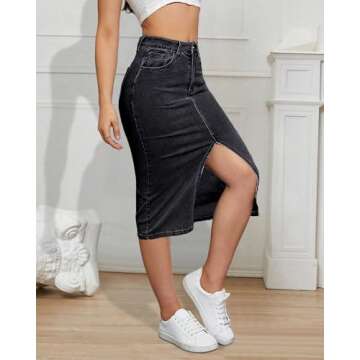 Womens Denim Pencil Skirts Mid Long High Waist A line Midi Jean Skirt Split Hem Skirts for Ladies Black S.