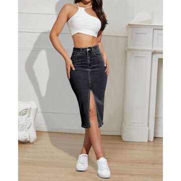 Womens Denim Pencil Skirts Mid Long High Waist A line Midi Jean Skirt Split Hem Skirts for Ladies Black S.