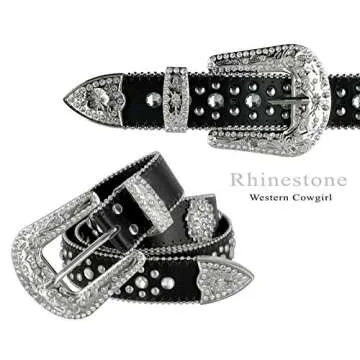 50128 Rhinestone Belt Fashion Western Crystal Bling Studded Design Berry Conchos Leather Belt 1-1/2"(38mm) wide (Black, 38" XL)