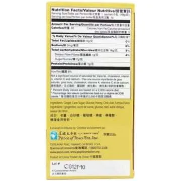 Prince of Peace Instant Natural Lemon Ginger Honey Crystals, 10 Sachets – Instant Hot or Cold Beverage for Nausea Relief and Soothes Throat – Easy to Brew Ginger and Honey Crystals