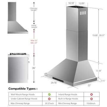 VIKIO HOME Wall Mount Range Hood 30 inch,Kitchen Vent Hoods 980 CFM Ducted/Ductless Range Hood,with Gesture Sensing & Touch Control Switch Panel, 3 Speed Exhaust Fan Permanent Filter
