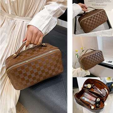 Katadem Travel Makeup Bag,Large Opening Makeup Bag,Portable Makeup Bag Opens Flat for Easy Access, Toiletry Bag,PU Leather Makeup Bag,Large Cosmetic Organizer for Women (Grid-Brown)