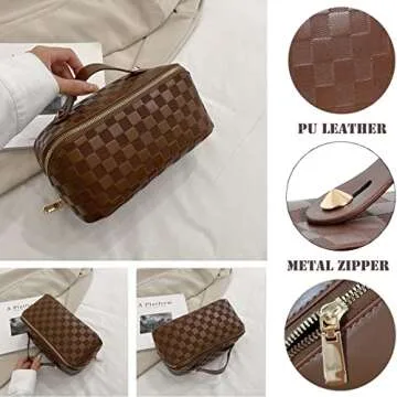 Katadem Travel Makeup Bag,Large Opening Makeup Bag,Portable Makeup Bag Opens Flat for Easy Access, Toiletry Bag,PU Leather Makeup Bag,Large Cosmetic Organizer for Women (Grid-Brown)