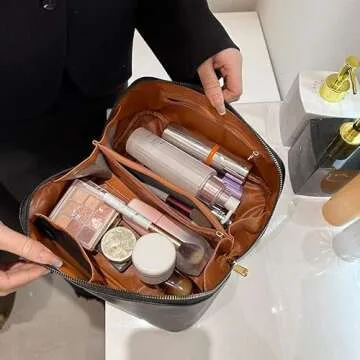 Katadem Travel Makeup Bag,Large Opening Makeup Bag,Portable Makeup Bag Opens Flat for Easy Access, Toiletry Bag,PU Leather Makeup Bag,Large Cosmetic Organizer for Women (Grid-Brown)