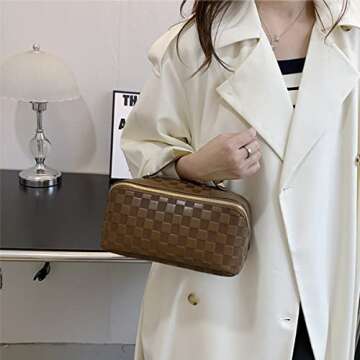 Katadem Travel Makeup Bag,Large Opening Makeup Bag,Portable Makeup Bag Opens Flat for Easy Access, Toiletry Bag,PU Leather Makeup Bag,Large Cosmetic Organizer for Women (Grid-Brown)