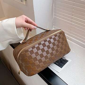 Katadem Travel Makeup Bag,Large Opening Makeup Bag,Portable Makeup Bag Opens Flat for Easy Access, Toiletry Bag,PU Leather Makeup Bag,Large Cosmetic Organizer for Women (Grid-Brown)