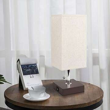 aooshine Bedside Table Lamp USB, Modern Desk Lamp, Solid Wood Nightstand Lamp with Unique Shade and Havana Brown Wooden Base, Ambient Light and Useful USB Charging Port Perfect for Bedroom or Office