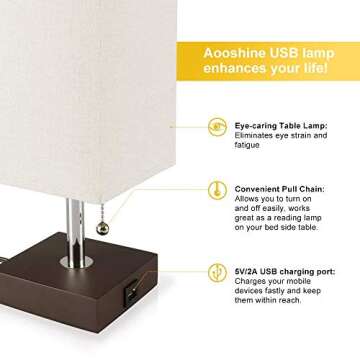 aooshine Bedside Table Lamp USB, Modern Desk Lamp, Solid Wood Nightstand Lamp with Unique Shade and Havana Brown Wooden Base, Ambient Light and Useful USB Charging Port Perfect for Bedroom or Office