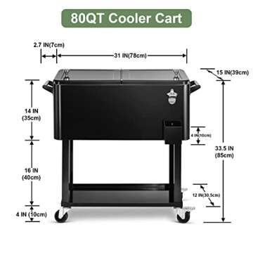 EDOSTORY 80 Quart Black Rolling Ice Chest Cooler Cart,Patio Backyard Party Drink Beverage Bar Stand Up Cooler Trolley with Ice Scoop