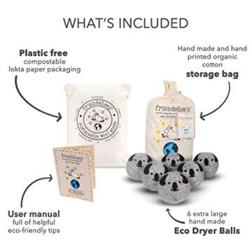 Friendsheep Wool Dryer Balls, Organic Premium Reusable Cruelty-Free Handmade Fair Trade No Lint Fabric Softener, Extra Large, 6 Pack, Grey Koala - Koala Crew