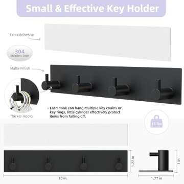 VIS'V Key Holder Wall Mount, Large Self Adhesive Key Hanger Metal Stick on Key Rack Compact Key Rail with 4 Key Hooks for Entryway Doorway Hallway 2 Adhesive Strips Black