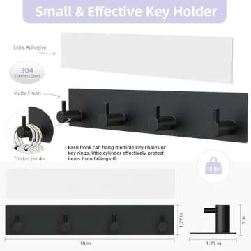 VIS'V Key Holder Wall Mount, Large Self Adhesive Key Hanger Metal Stick on Key Rack Compact Key Rail with 4 Key Hooks for Entryway Doorway Hallway 2 Adhesive Strips Black