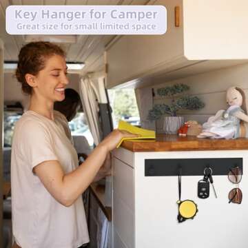 VIS'V Key Holder Wall Mount, Large Self Adhesive Key Hanger Metal Stick on Key Rack Compact Key Rail with 4 Key Hooks for Entryway Doorway Hallway 2 Adhesive Strips Black