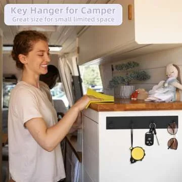 VIS'V Key Holder Wall Mount, Large Self Adhesive Key Hanger Metal Stick on Key Rack Compact Key Rail with 4 Key Hooks for Entryway Doorway Hallway 2 Adhesive Strips Black