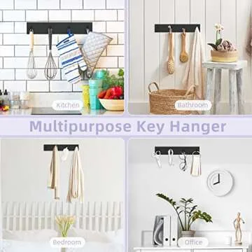 VIS'V Key Holder Wall Mount, Large Self Adhesive Key Hanger Metal Stick on Key Rack Compact Key Rail with 4 Key Hooks for Entryway Doorway Hallway 2 Adhesive Strips Black