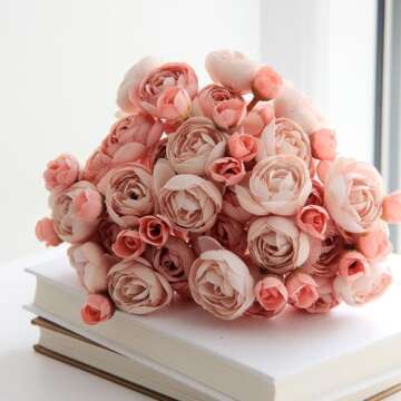 Soulfloral Artificial Ranunculus Flowers (18 Pieces, Dusty Rose), Silk Mini Bouquets for Home Decor, Wedding, Table Centerpiece and Bridal Shower, Faux DIY Floral Arrangements MG4