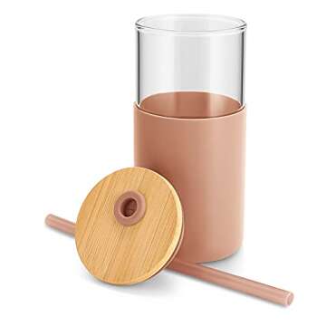 tronco 16 oz Glass Tumbler with straw and Bamboo lid,iced coffee cup tumbler with Silicone Protective Sleeve - BPA Free
