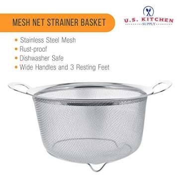 U.S. Kitchen Supply 3 Quart Stainless Steel Mesh Net Strainer Basket with a Wide Rim, Resting Feet and Handles - Colander to Strain, Rinse, Fry, Steam or Cook Vegetables & Pasta