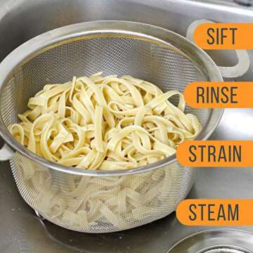 U.S. Kitchen Supply 3 Quart Stainless Steel Mesh Net Strainer Basket with a Wide Rim, Resting Feet and Handles - Colander to Strain, Rinse, Fry, Steam or Cook Vegetables & Pasta