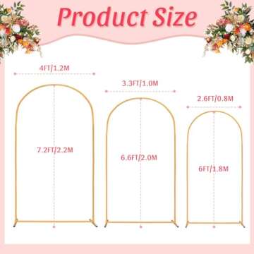 Dovnis Arch Backdrop Stand, Set of 3 Gold Metal Arch Stand Wedding Arch Frame 7.2FT, 6.6FT, 6FT Squa...
