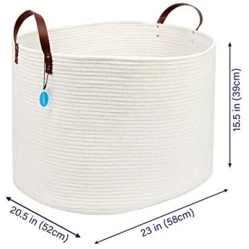 Casaphoria Extra Large Woven Cotton Rope Storage Basket for Organizing Towels Blanket Laundry Baskets for Bathroom,White Tall Laundry Basket for bedroom,Woven Hampe with Handles for Living Room