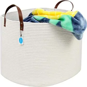 Casaphoria Extra Large Woven Cotton Rope Storage Basket for Organizing Towels Blanket Laundry Baskets for Bathroom,White Tall Laundry Basket for bedroom,Woven Hampe with Handles for Living Room