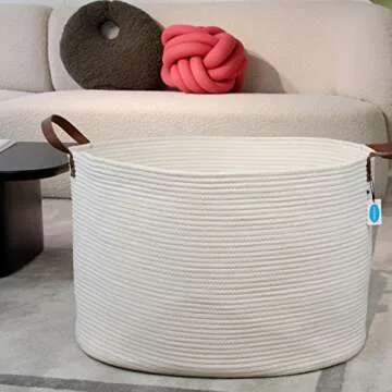 Casaphoria Extra Large Woven Cotton Rope Storage Basket for Organizing Towels Blanket Laundry Baskets for Bathroom,White Tall Laundry Basket for bedroom,Woven Hampe with Handles for Living Room