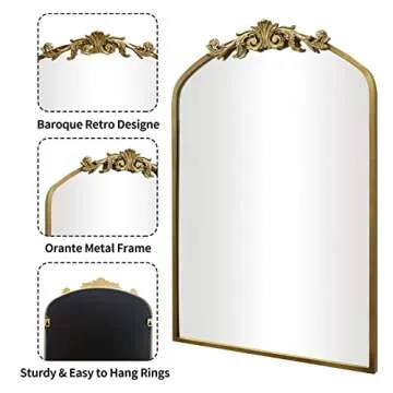 AIXI HOME Vintage Gold Arched Mirror 24"x36", Traditional Arendahl Antique Mirror with Ornate Metal Frame, Baroque Wall Mounted Mirrors for Entryway/Bathroom/Living Room/Hallway/Bedroom