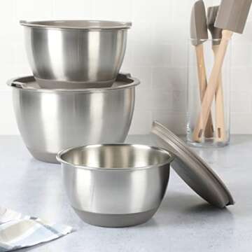 Martha Stewart Rhinewell Mirror Polish 6 Piece Stainless Steel Mixing Bowls with Lid and Non-Slip Base - Grey