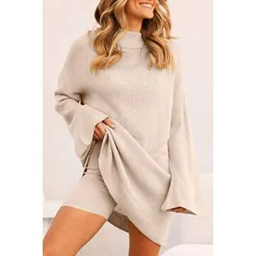 LILLUSORY Women's Cute Pajamas Shorts Oversized Sweater Set Long Sleeve Soft Comfy 2 Piece Lounge Pj Sweater Sets Cozy Loungewear Pjs Tops Apricot