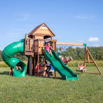 Backyard Discovery, Cedar Cove Wood Swing Set, Playground Fort, Chalkboard, Telescope, Dual Slide, K...
