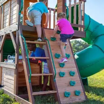 Backyard Discovery, Cedar Cove Wood Swing Set, Playground Fort, Chalkboard, Telescope, Dual Slide, Kitchenette, Wide Swing Lanes, 5ft Rock Wall, Step Ladder