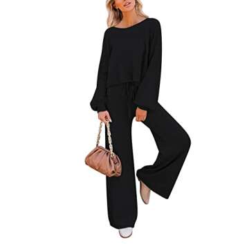 Meenew Womens 2 Piece Outfits Sweater Sets Long Sleeve Knit Tops Wide Leg Pants Sweatsuit Outfit Black S