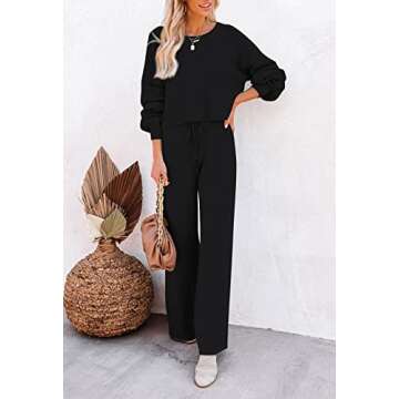 Meenew Womens 2 Piece Outfits Sweater Sets Long Sleeve Knit Tops Wide Leg Pants Sweatsuit Outfit Black S