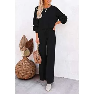 Meenew Womens 2 Piece Outfits Sweater Sets Long Sleeve Knit Tops Wide Leg Pants Sweatsuit Outfit Black S