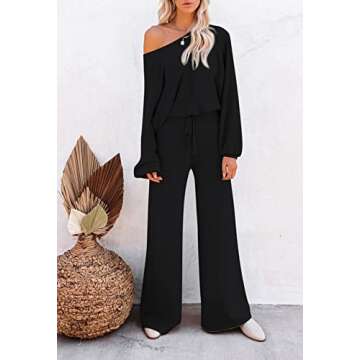 Meenew Womens 2 Piece Outfits Sweater Sets Long Sleeve Knit Tops Wide Leg Pants Sweatsuit Outfit Black S