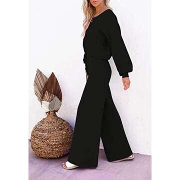 Meenew Womens 2 Piece Outfits Sweater Sets Long Sleeve Knit Tops Wide Leg Pants Sweatsuit Outfit Black S