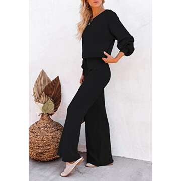 Meenew Womens 2 Piece Outfits Sweater Sets Long Sleeve Knit Tops Wide Leg Pants Sweatsuit Outfit Black S