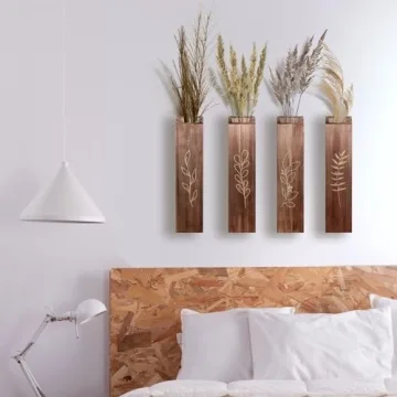 4 Pack Wood Indoor Wall Planter, Modern Wall Decor for Living Room Bedroom, Farmhouse Pocket Wall Vases for Dried Flowers and Faux Greenery Plants - Brown
