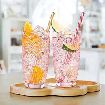 CREATIVELAND Highball Beverage Glasses Set of 6 Romantic PINK Colored Thick & Heavy Base Big Capacit...
