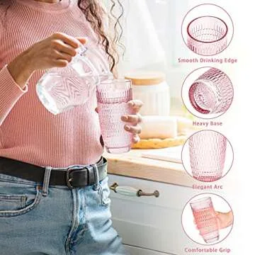 CREATIVELAND Highball Beverage Glasses Set of 6 Romantic PINK Colored Thick & Heavy Base Big Capacity 14.87oz|440ml, Drinking Glass Tumblers for Iced Tea, Water, Soda & Juice and Cocktails etc