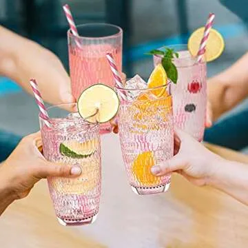 CREATIVELAND Highball Beverage Glasses Set of 6 Romantic PINK Colored Thick & Heavy Base Big Capacity 14.87oz|440ml, Drinking Glass Tumblers for Iced Tea, Water, Soda & Juice and Cocktails etc