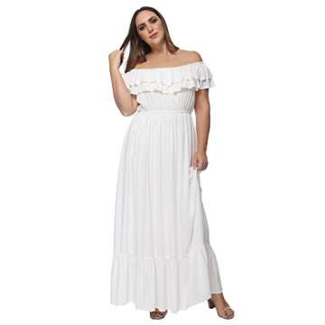 Anna-Kaci Women's Plus Size Bohemian Ruffle Off The Shoulder Stretchy Empire Waist Maxi Long Dress, White, X-Large