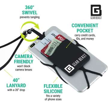Gear Beast Cell Phone Lanyard - Universal Neck Phone Holder w/Card Pocket and Silicone Neck Strap (Black)