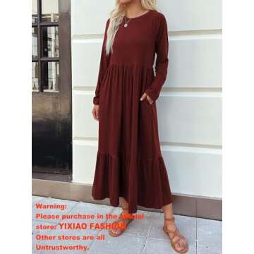 Mieazom Women's Long Sleeves Maxi Dress Casual Loose Tiered Flowy Swing Beach Long Dresses with Pockets Wine Red M