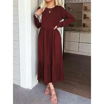 Mieazom Women's Long Sleeves Maxi Dress Casual Loose Tiered Flowy Swing Beach Long Dresses with Pockets Wine Red M
